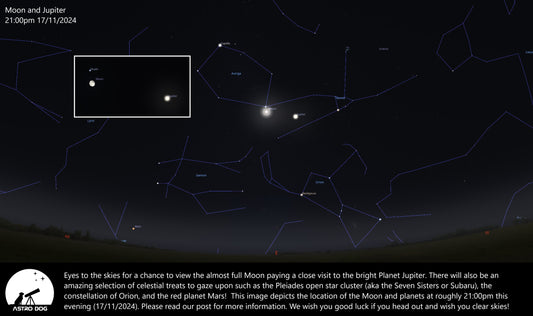 ALMOST FULL MOON CLOSE BY TO JUPITER TONIGHT! 17/11/2024