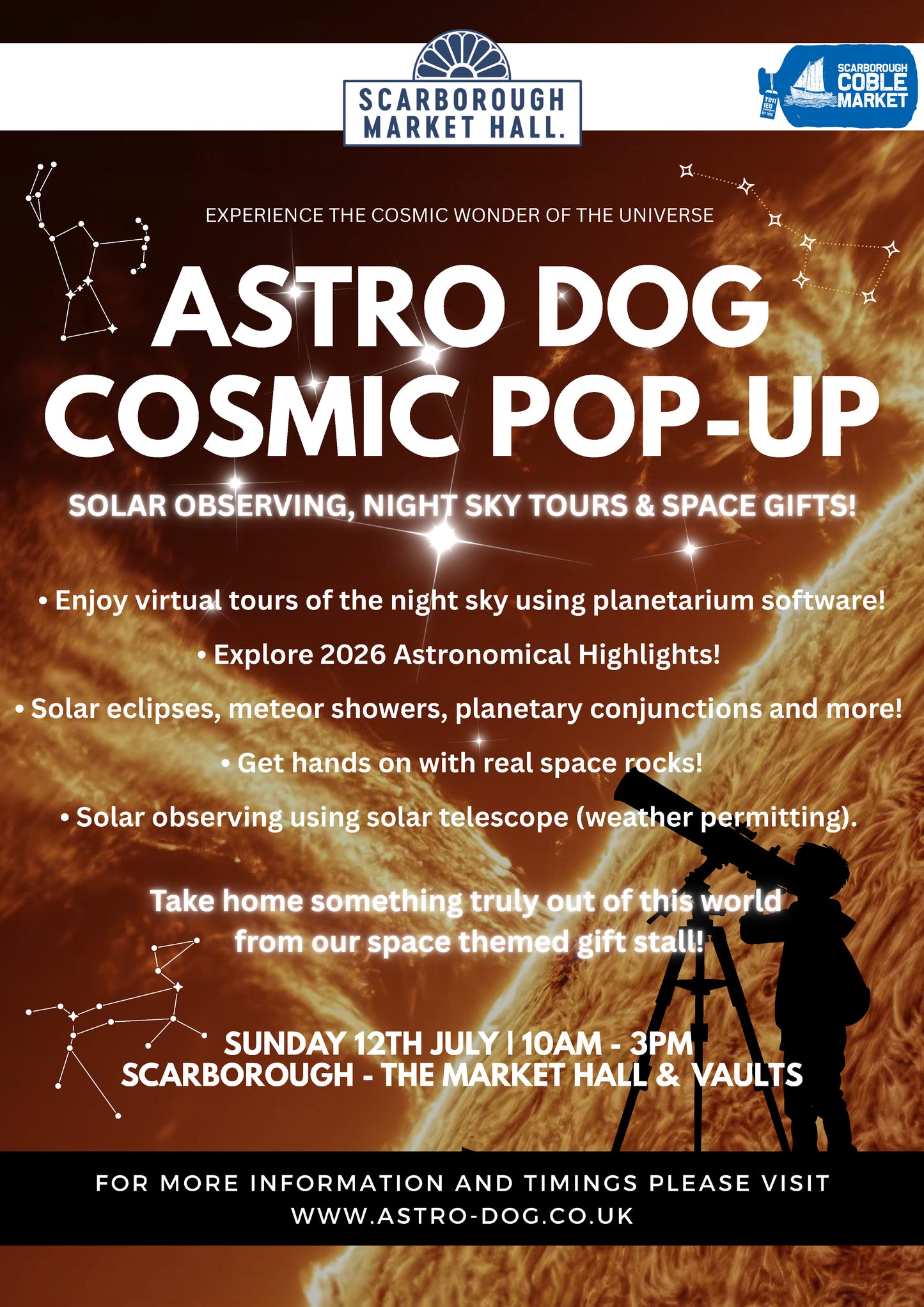 Solar Observing, Astronomy Talks & Live Night Sky Tours | Coble Market, Scarborough | Sunday 12th July